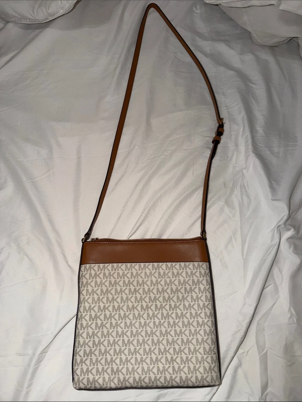 Michael Kors White and Brown Logo Messenger Bag